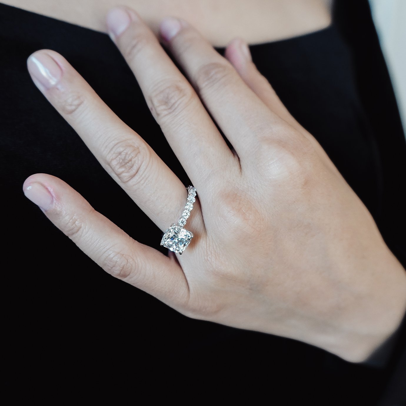 3.0 CT Cushion Hidden Halo & Pave Lab Grown Diamond Engagement Ring