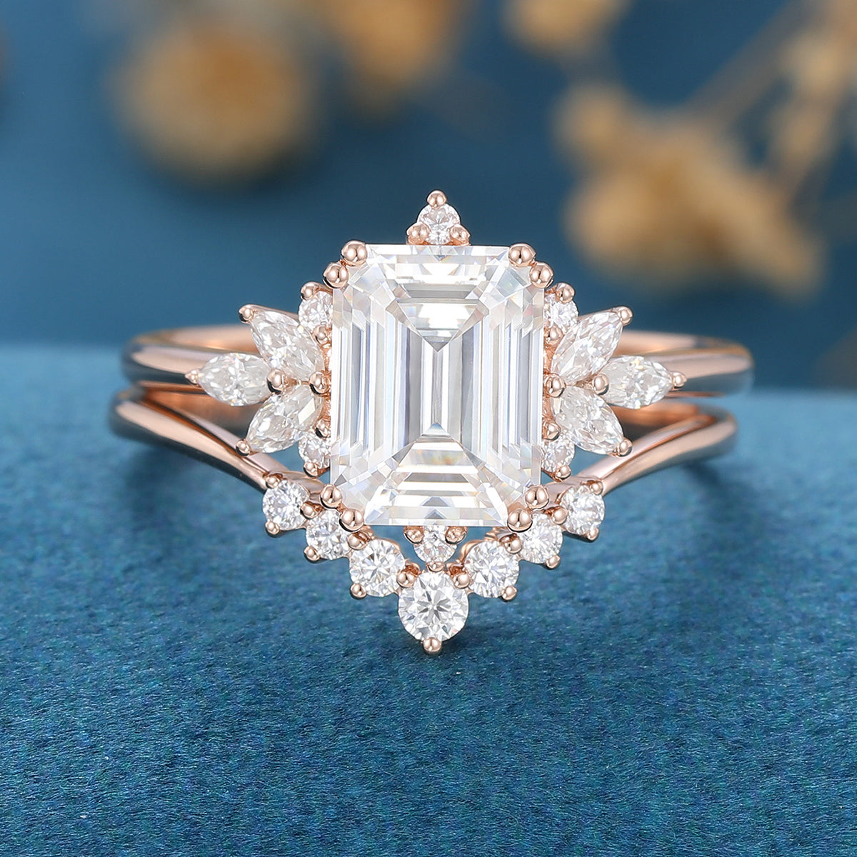 1.60 CT Emerald Shaped Moissanite Cluster Bridal Set