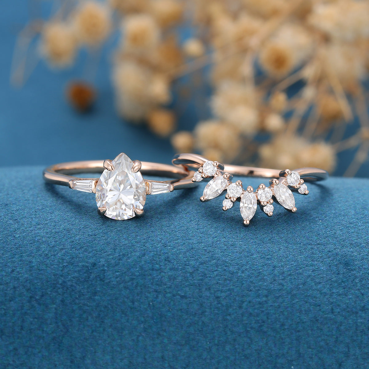 1.0 CT Pear Shaped Moissanite Three Stone Bridal Set