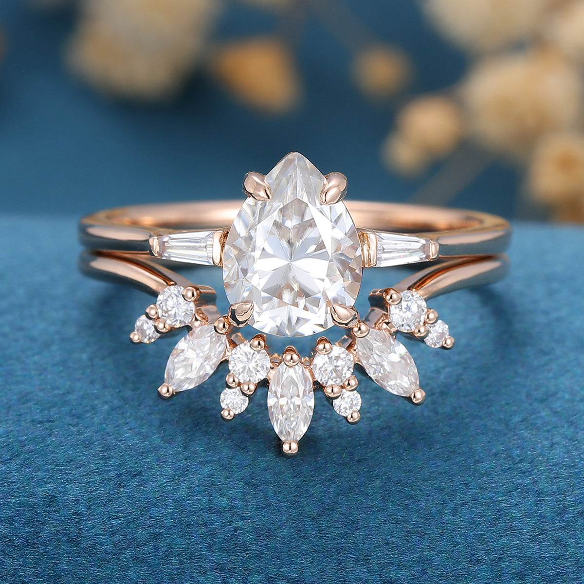 1.0 CT Pear Shaped Moissanite Three Stone Bridal Set