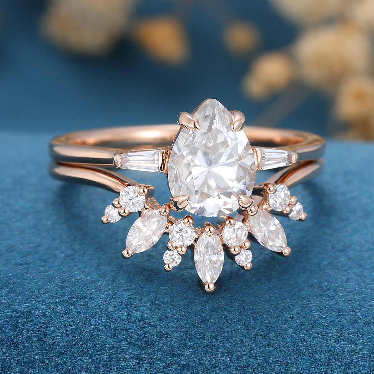 1.0 CT Pear Shaped Moissanite Three Stone Bridal Set
