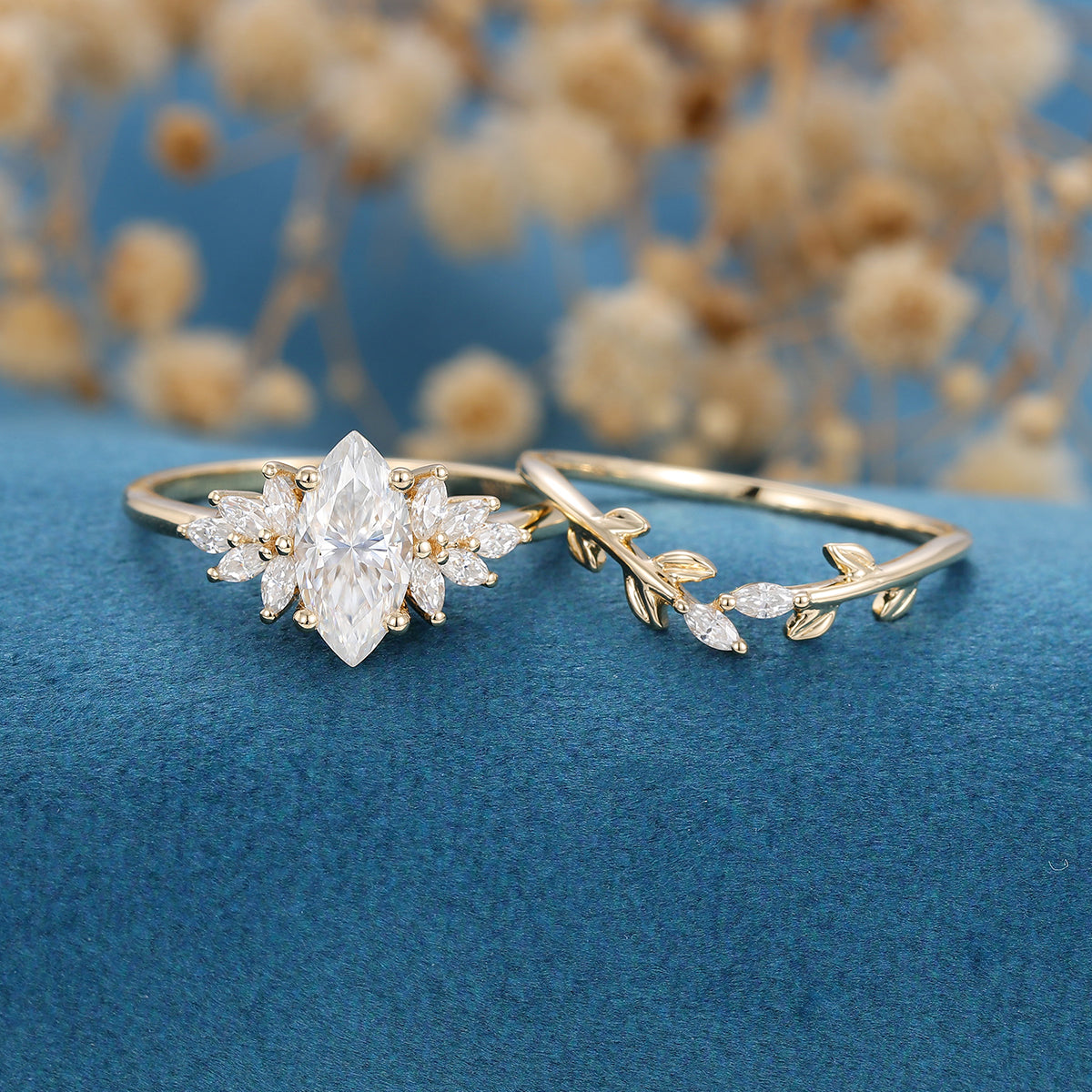 0.90 CT Marquise Shaped Moissanite Cluster Bridal Set