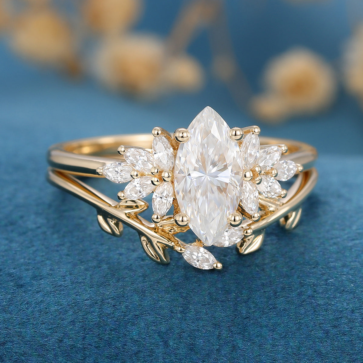 0.90 CT Marquise Shaped Moissanite Cluster Bridal Set
