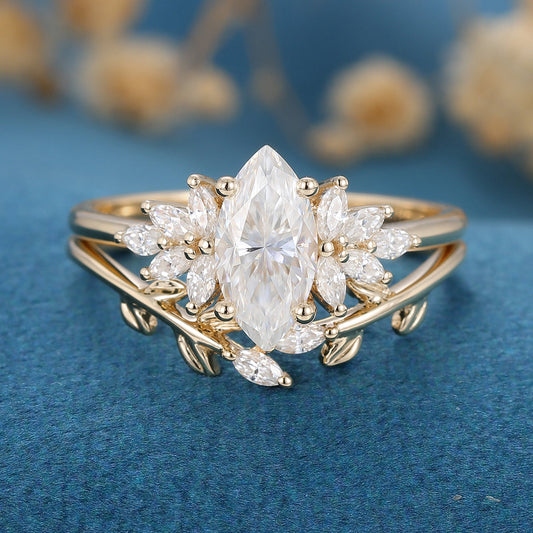 0.90 CT Marquise Shaped Moissanite Cluster Bridal Set