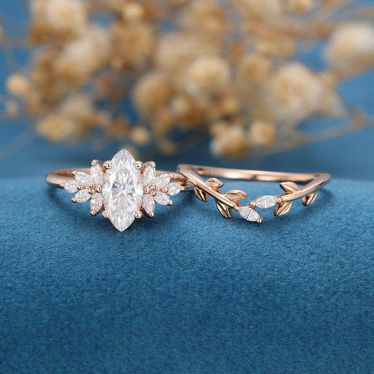 0.90 CT Marquise Shaped Moissanite Cluster Bridal Set