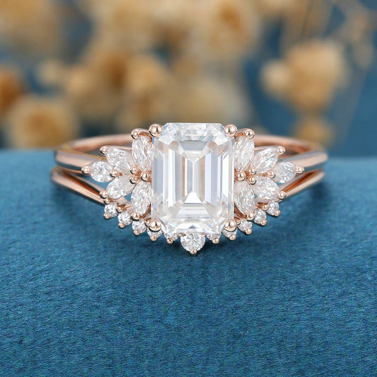 1.60 CT Emerald Shaped Moissanite Cluster Bridal Set