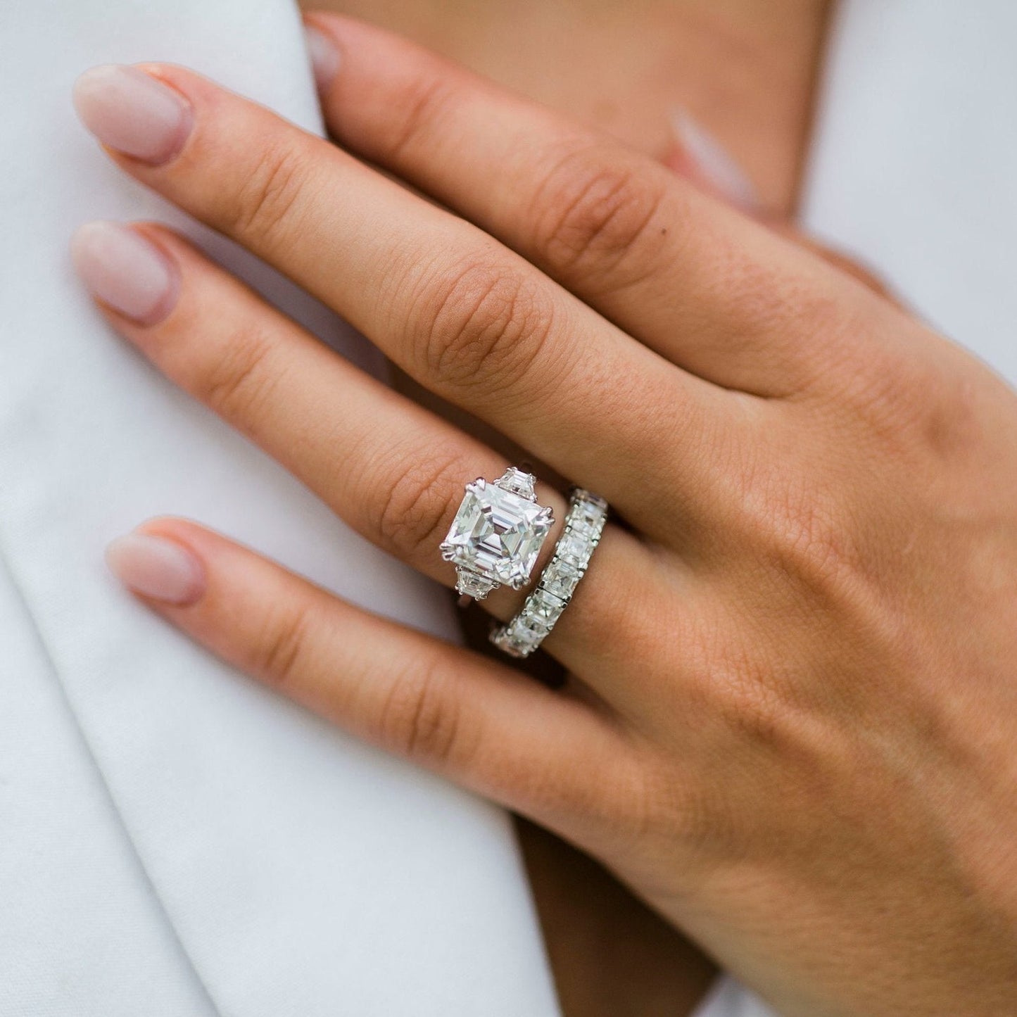 4.1 CT Asscher Three Stone Lab Grown Diamond Engagement Ring