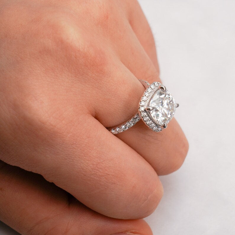Stunning 1.0 - 2.0 CT Cushion Moissanite Engagement Ring with Pave & Halo Design 2