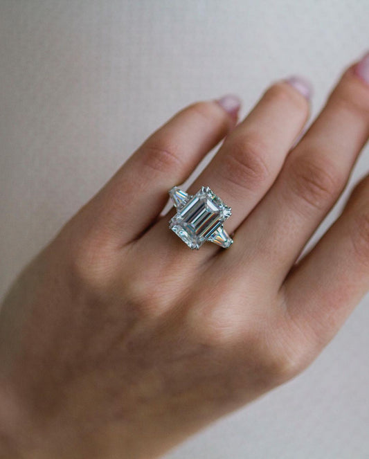 7.2 CT Emerald Cut Three Stone Moissanite Engagement Ring