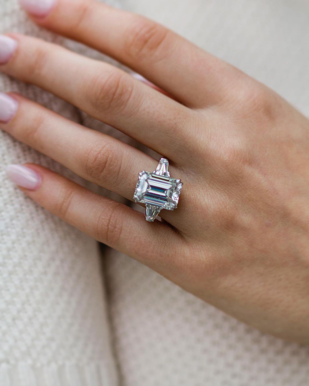 7.2 CT Emerald Cut Three Stone Moissanite Engagement Ring