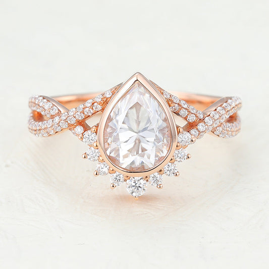 0.9 CT Pear Cluster & Bezel Moissanite Engagement Ring