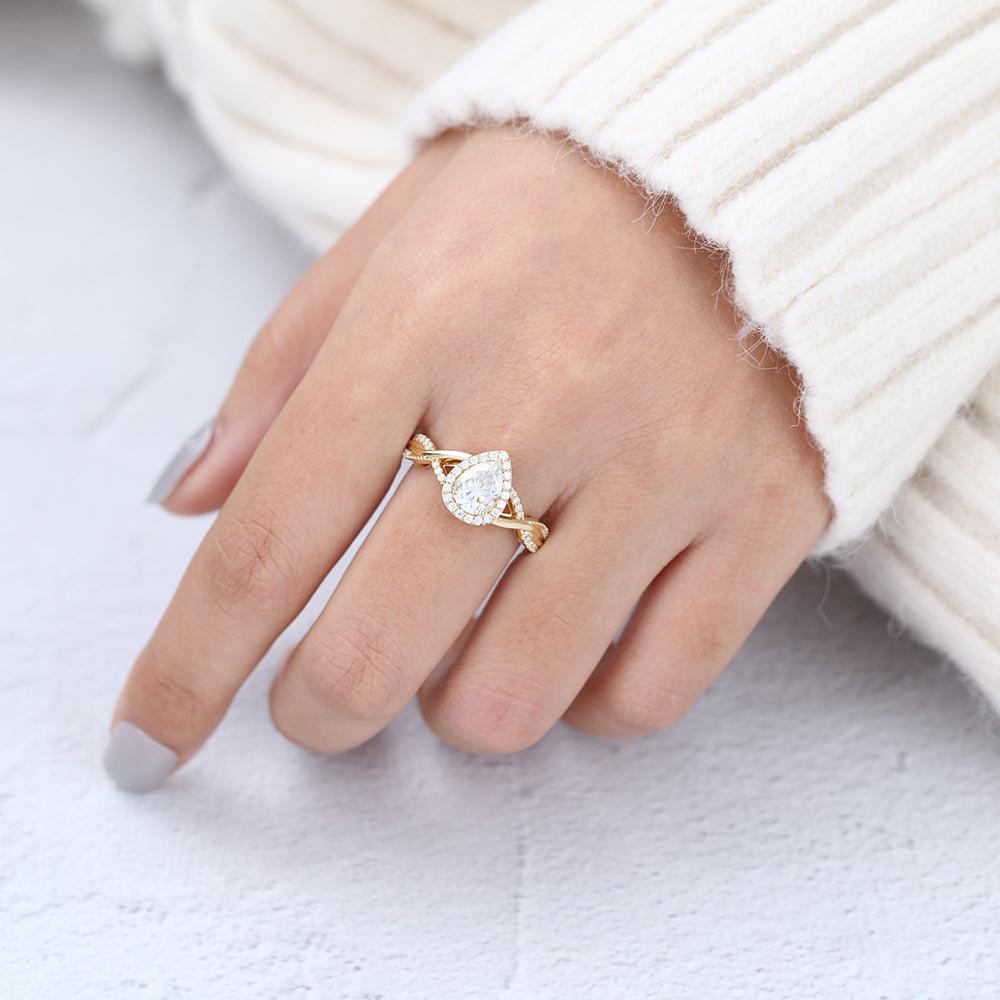 0.43 CT Pear Halo Pave & Criss-Cross Lab-Grown Diamond Engagement Ring