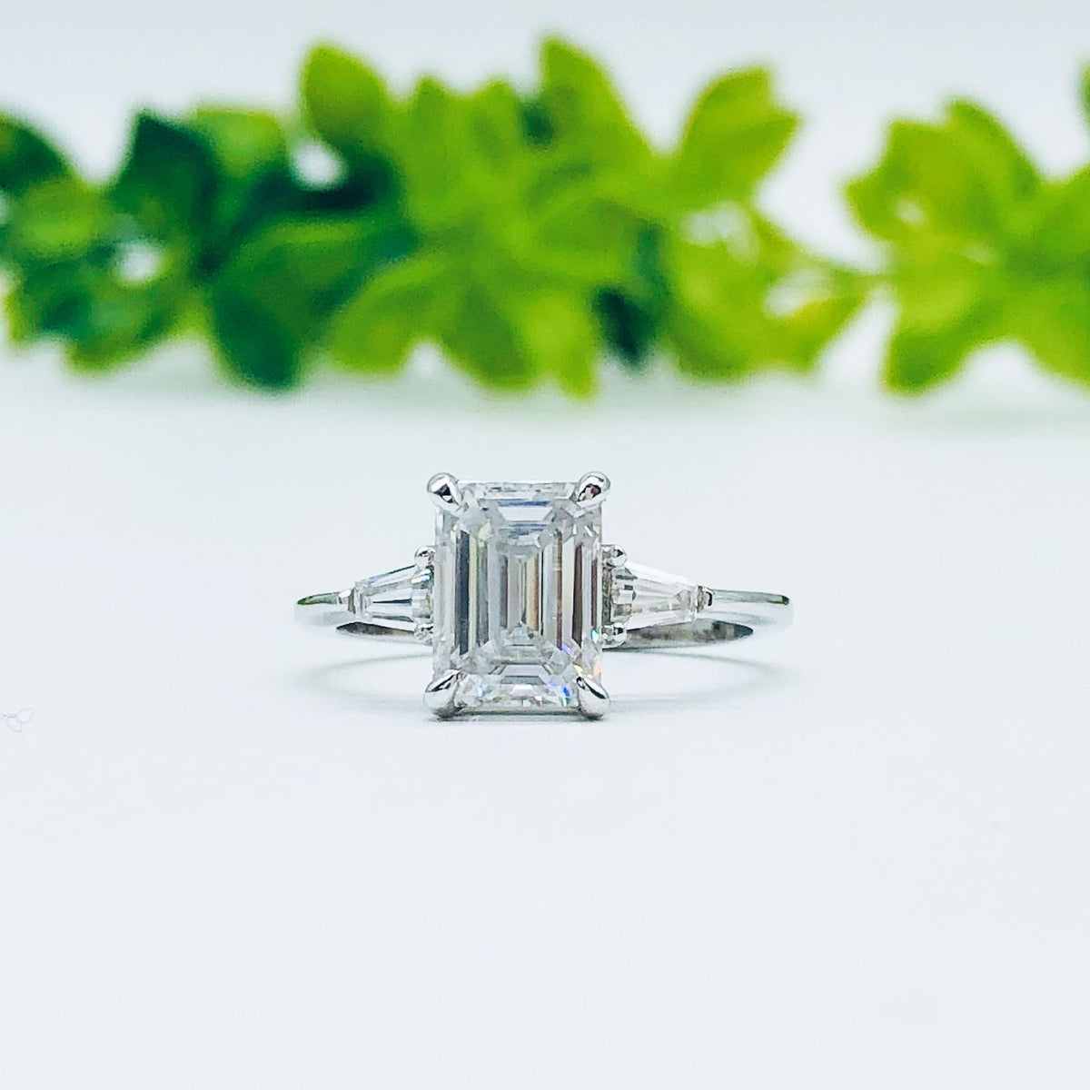 1.9 CT Emerald Three Stone Moissanite Engagement Ring