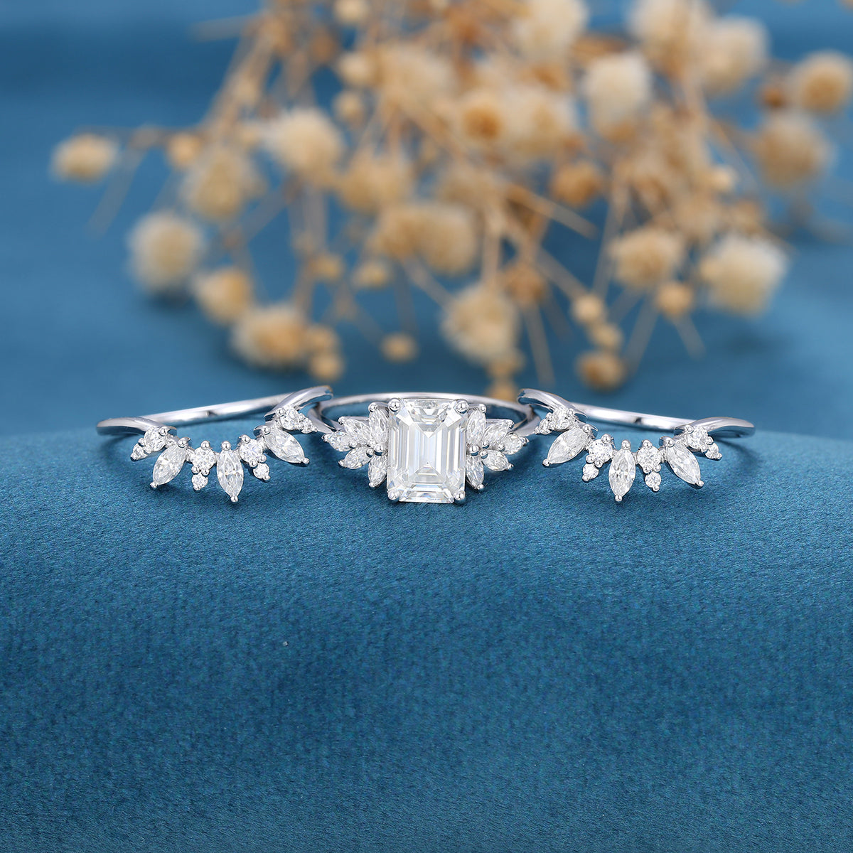 1.60 CT Emerald Shaped Moissanite Cluster Bridal Set