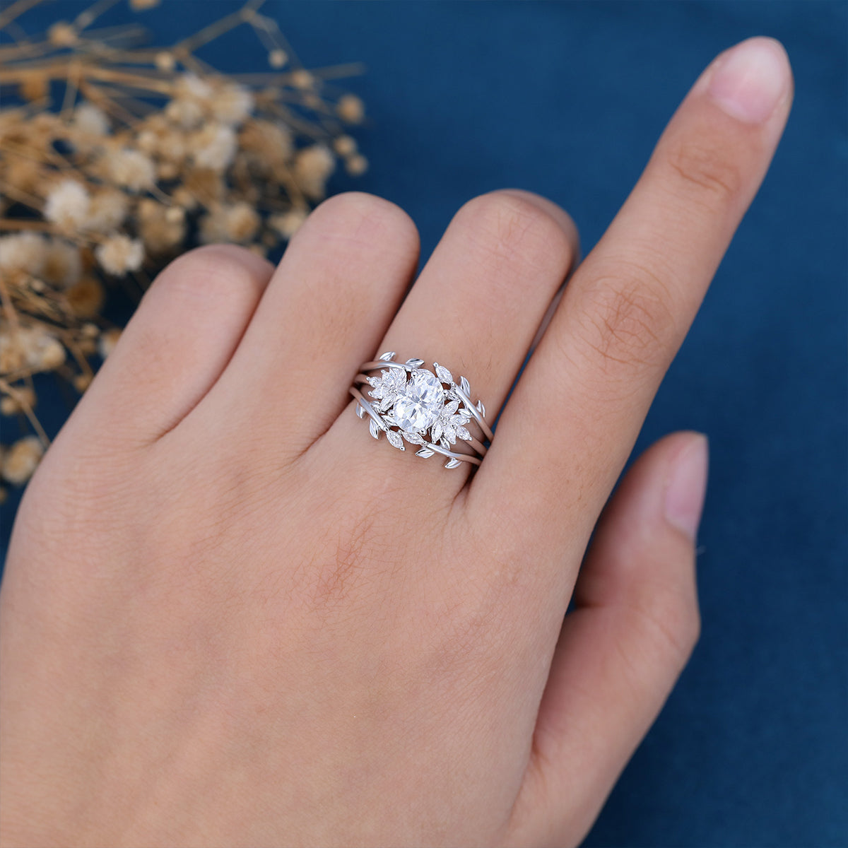 1.33 CT Oval Shaped Moissanite Cluster Bridal Set