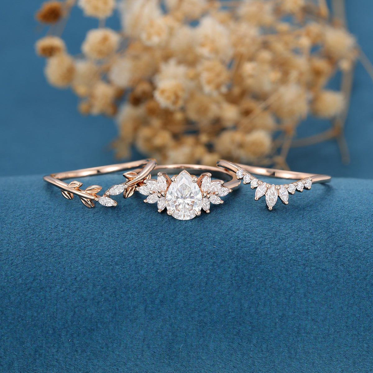 1.0 CT Pear Shaped Moissanite Cluster Bridal Set