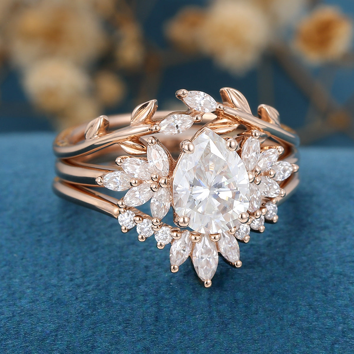 1.0 CT Pear Shaped Moissanite Cluster Bridal Set