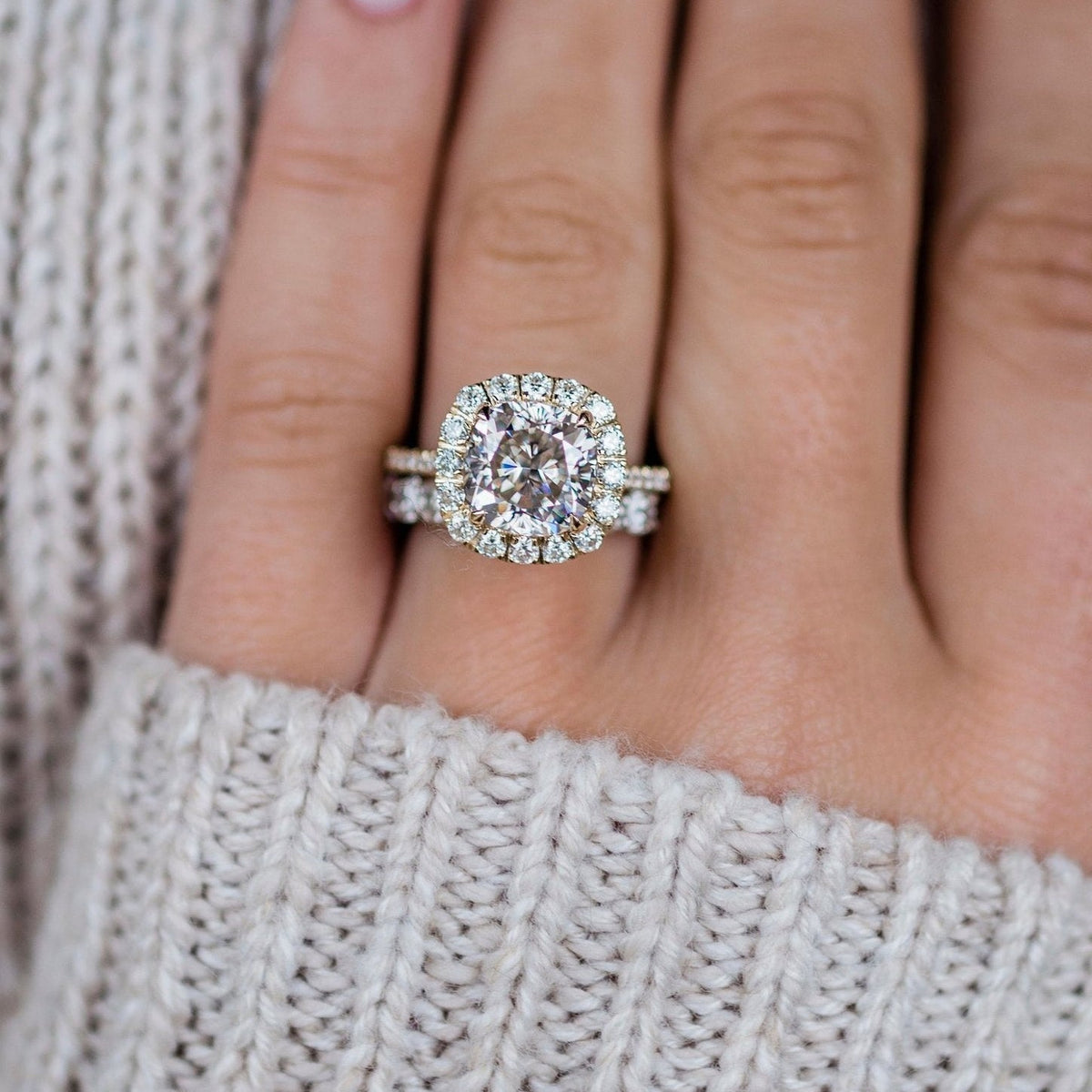 4 CT Cushion Halo & Pave Lab Grown Diamond Engagement Ring