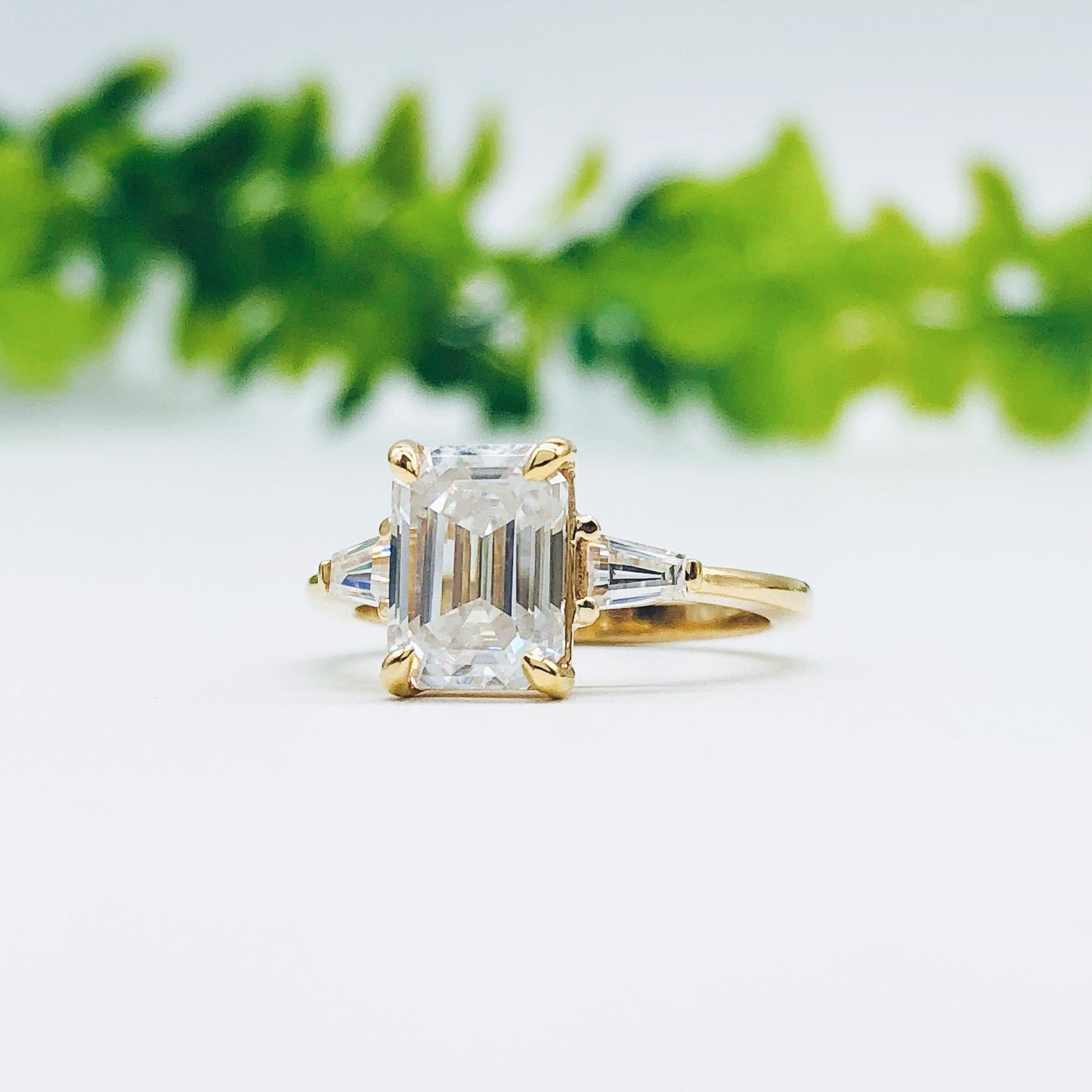 1.9 CT Emerald Three Stone Moissanite Engagement Ring