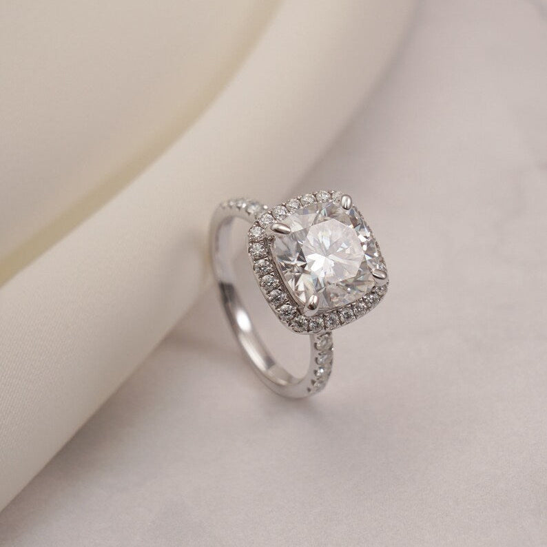 Stunning 1.0 - 2.0 CT Cushion Moissanite Engagement Ring with Pave & Halo Design 3