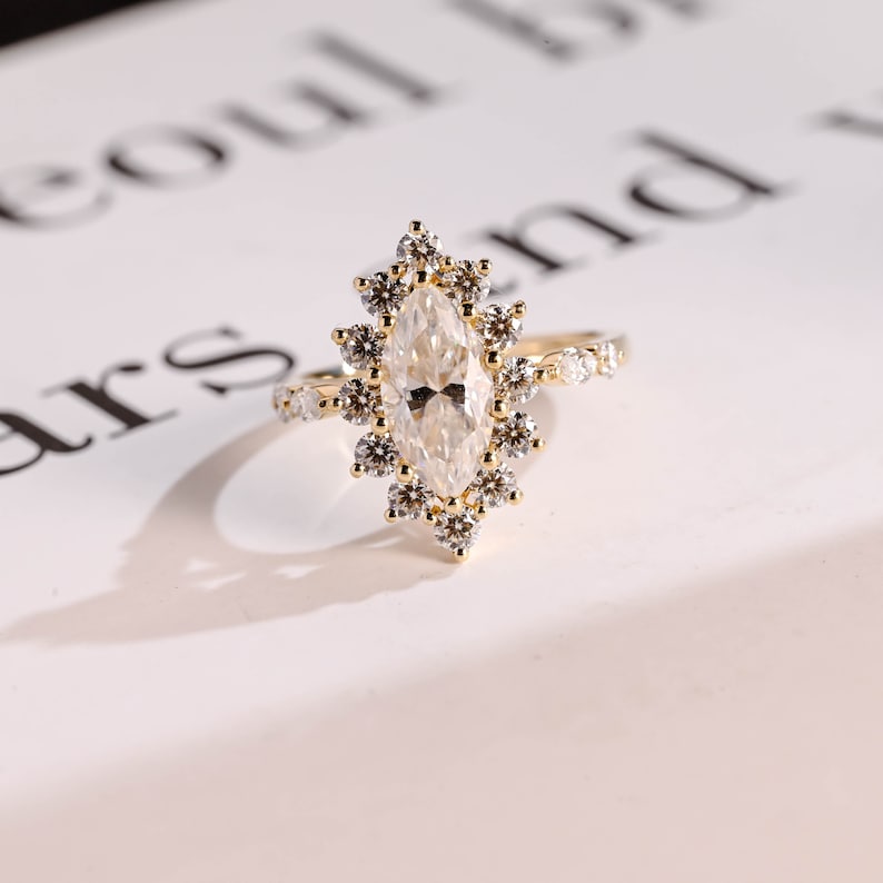 Stunning 1.0 - 2.0 CT Marquise Moissanite Engagement Ring with Pave & Hidden Halo Design 1