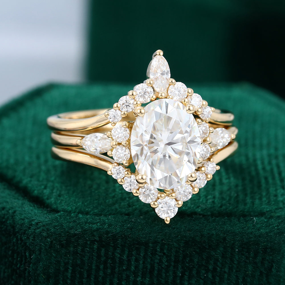 1.91 CT Oval Moissanite Cluster Bridal Ring Set