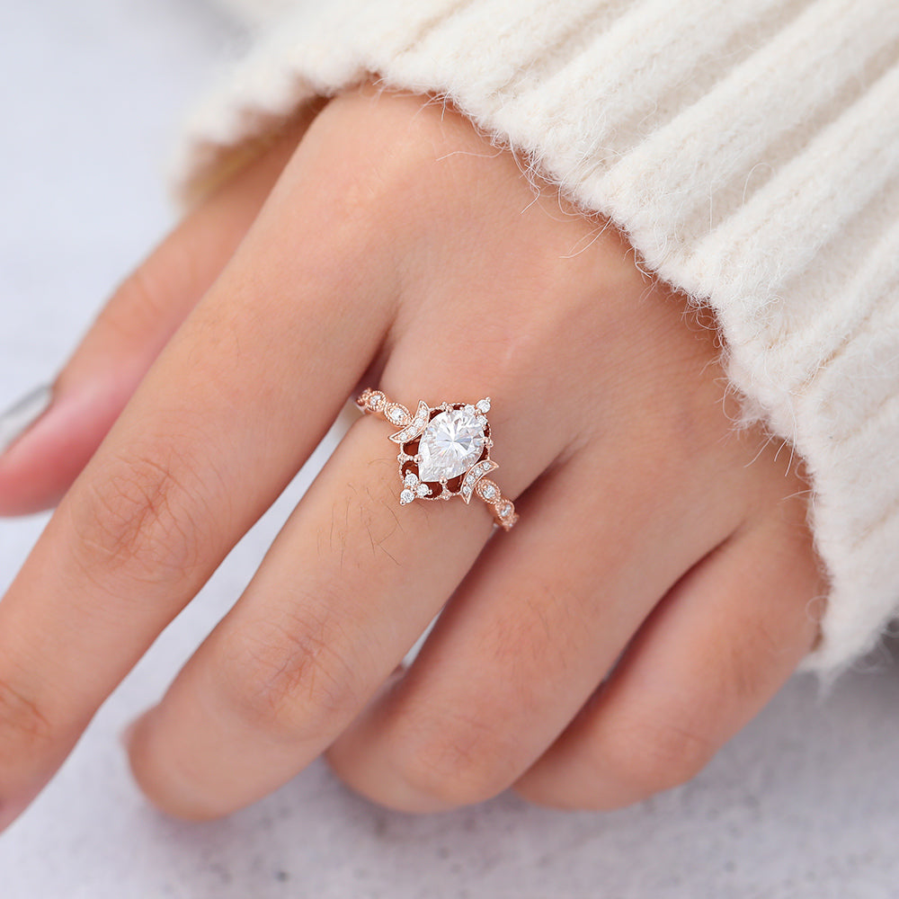 0.9 CT Pear Vintage Cluster & Pave Lab-Grown Diamond Engagement Ring