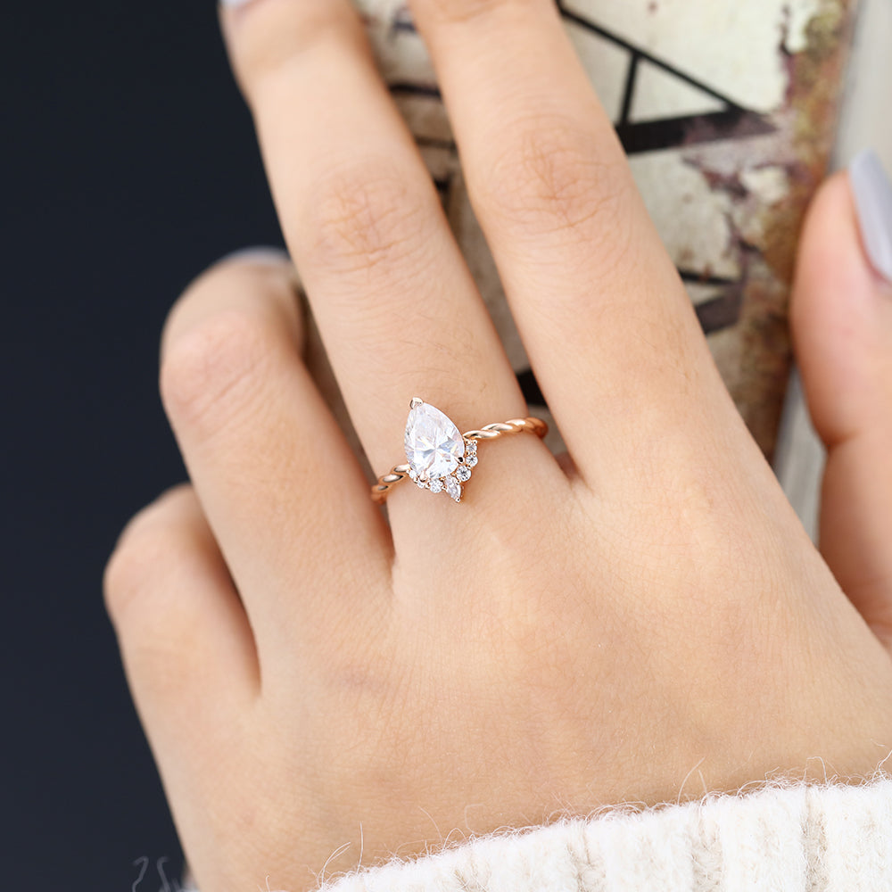 0.90 CT Pear Shaped Moissanite Cluster Engagement Ring