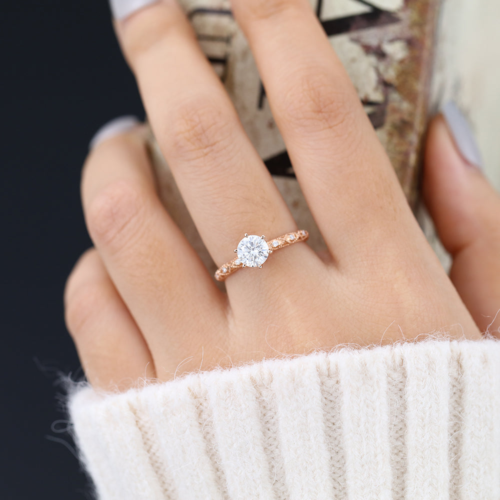 0.68 CT Round Shaped Moissanite Vintage Style  Engagement Ring