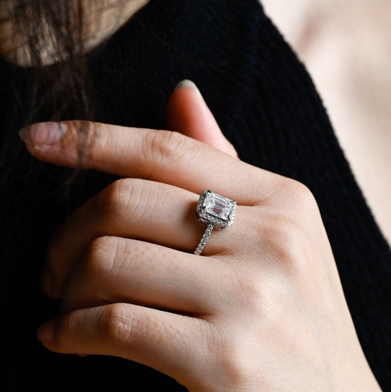 Stunning 1.0 - 2.0 CT Emerald Moissanite Engagement Ring with Pave and Halo Design 6