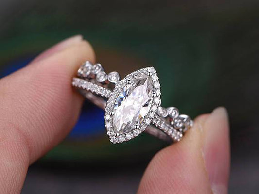 1.0 CT Marquise Cut Halo Moissanite Bridal Ring Set