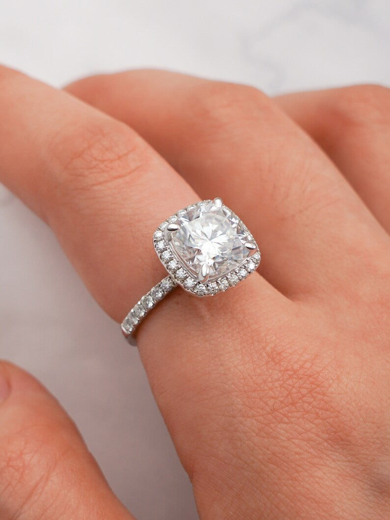 Stunning 1.0 - 2.0 CT Cushion Moissanite Engagement Ring with Pave & Halo Design 6