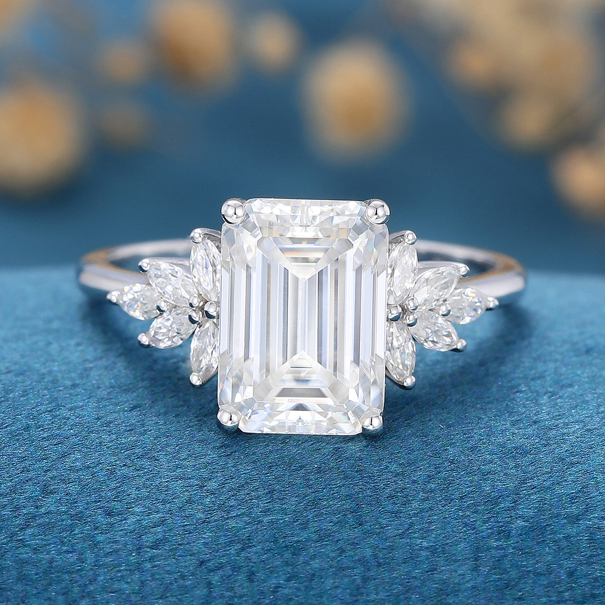 2.0 CT Emerald Shaped Moissanite Cluster Engagement Ring