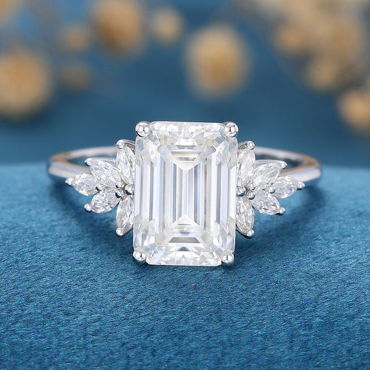 2.0 CT Emerald Shaped Moissanite Cluster Engagement Ring