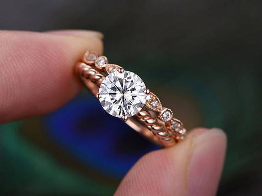 0.75 CT Round Solitaire Twisted Pave Moissanite Bridal Ring Set