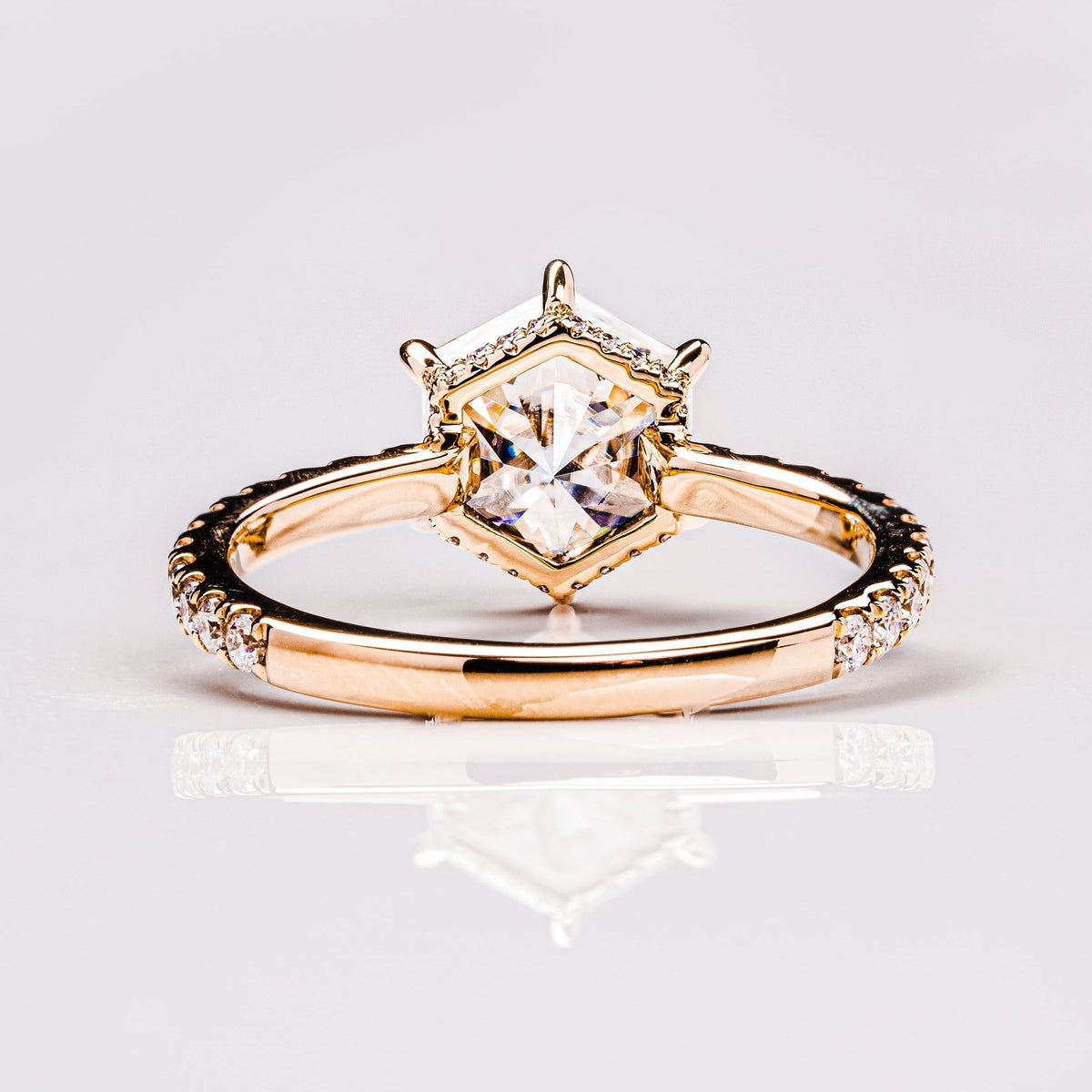 1.3 CT Hexagon Hidden Halo & Pave Moissanite Engagement Ring