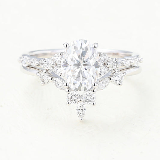 1.33 CT Oval Moissanite Cluster Bridal Ring Set