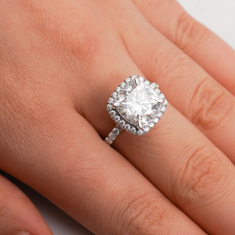 Stunning 1.0 - 2.0 CT Cushion Moissanite Engagement Ring with Pave & Halo Design 4