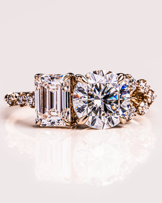 2.80 CT Emerald & Round Cut Two Stone Moissanite Engagement Ring