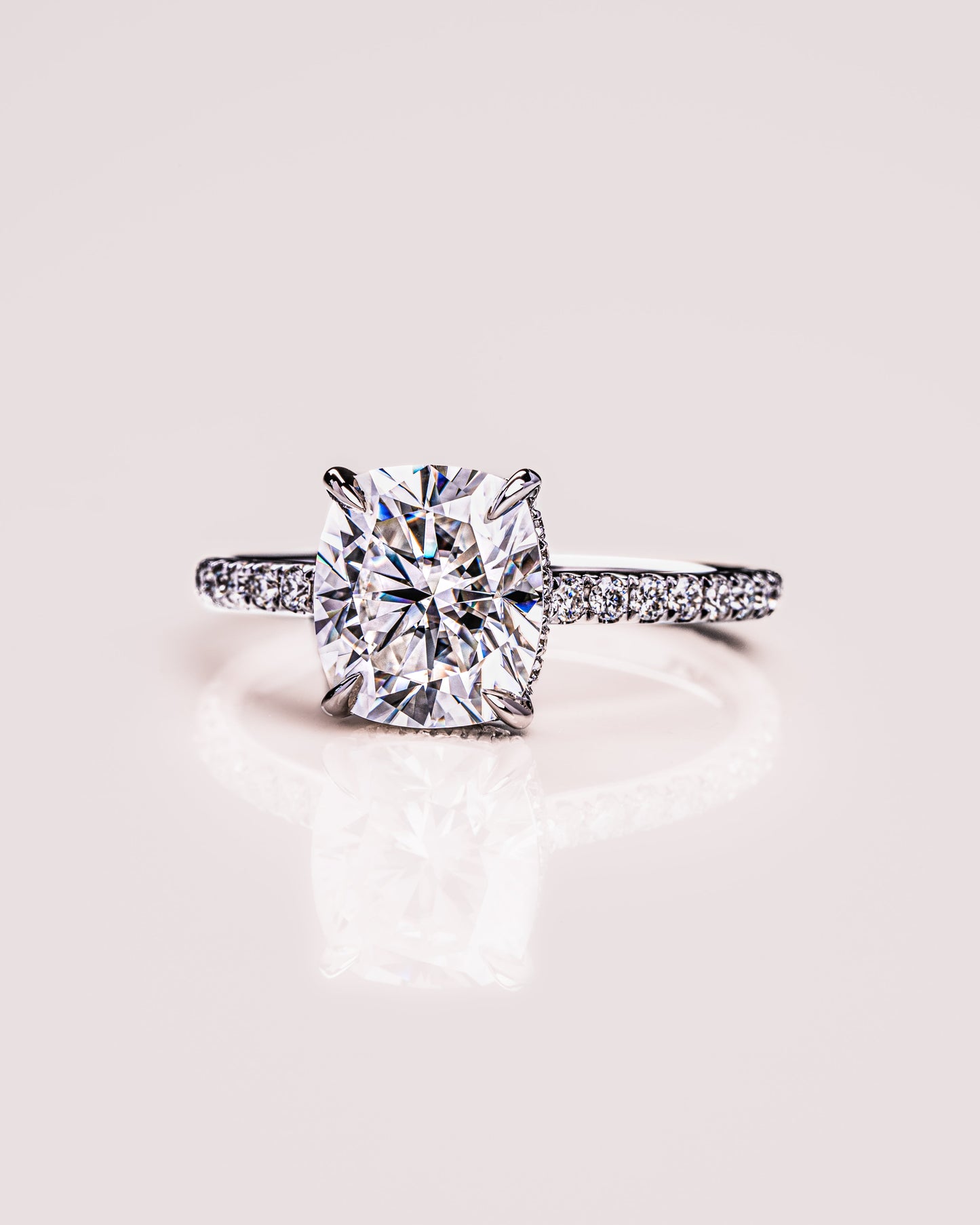 0.96 CT Cushion Solitaire Moissanite Engagement Ring With Hidden Halo/Pave Setting