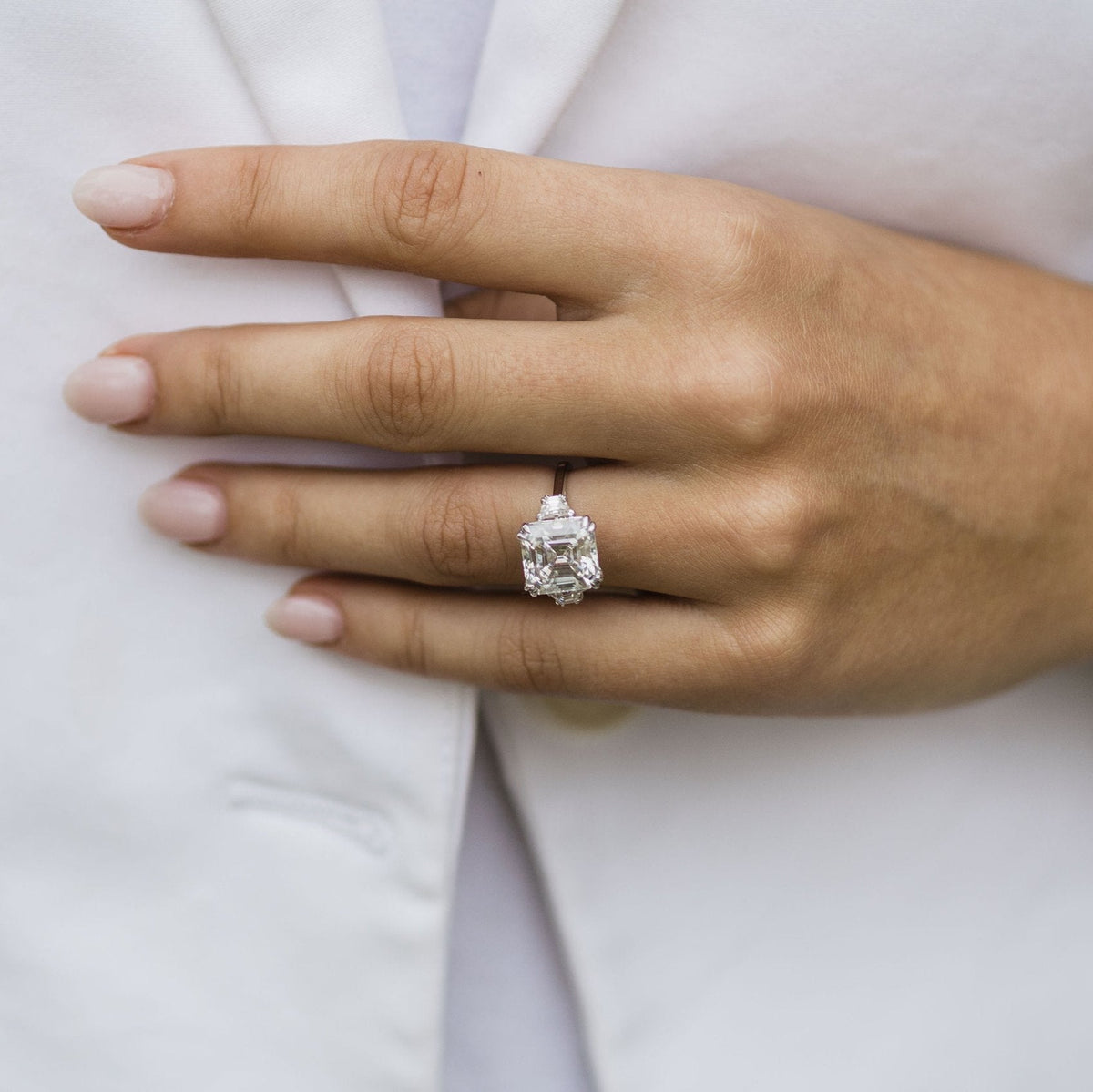 4.1 CT Asscher Three Stone Lab Grown Diamond Engagement Ring
