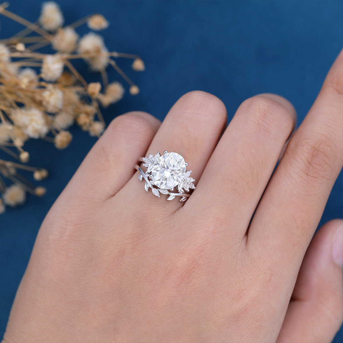 3.74 CT Oval Shaped Moissanite Cluster Bridal Set