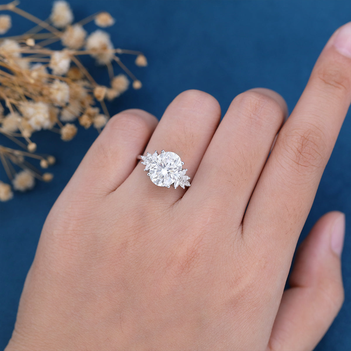 3.74 CT Oval Shaped Moissanite Cluster Engagement Ring