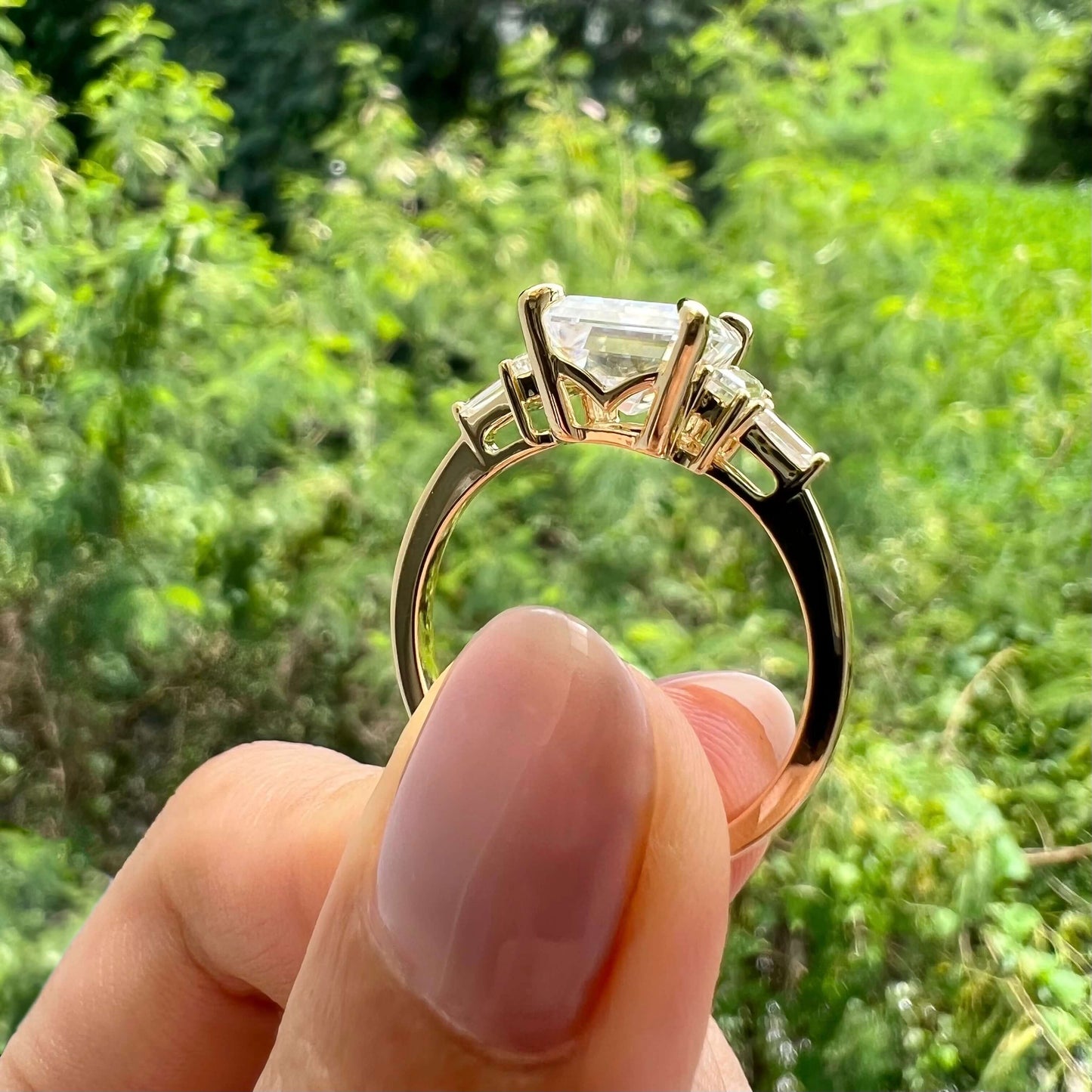 5.75 CT Emerald Three Stone Moissanite Engagement Ring