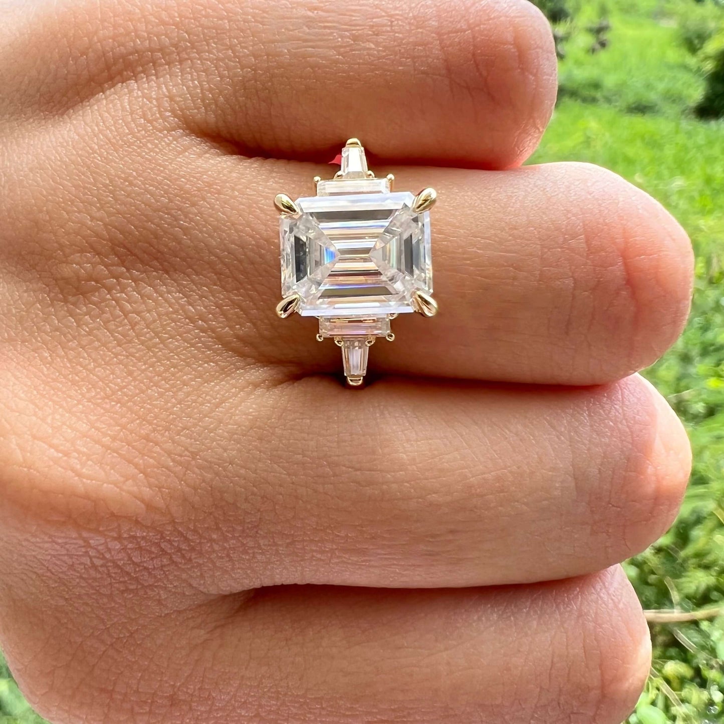 5.75 CT Emerald Three Stone Moissanite Engagement Ring