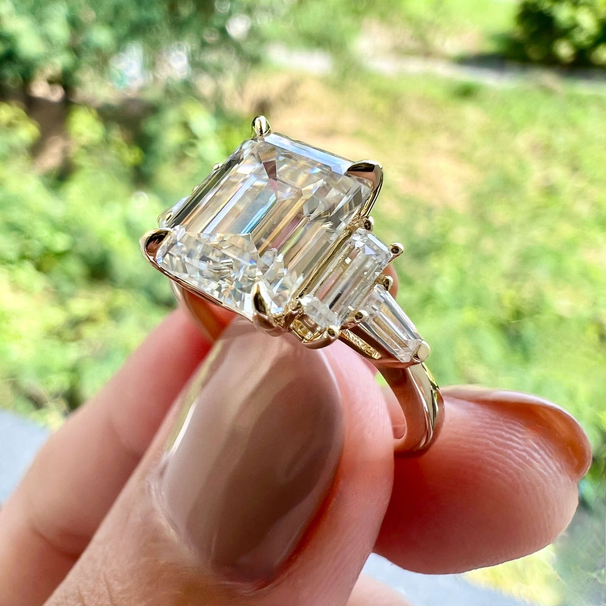 5.75 CT Emerald Three Stone Moissanite Engagement Ring