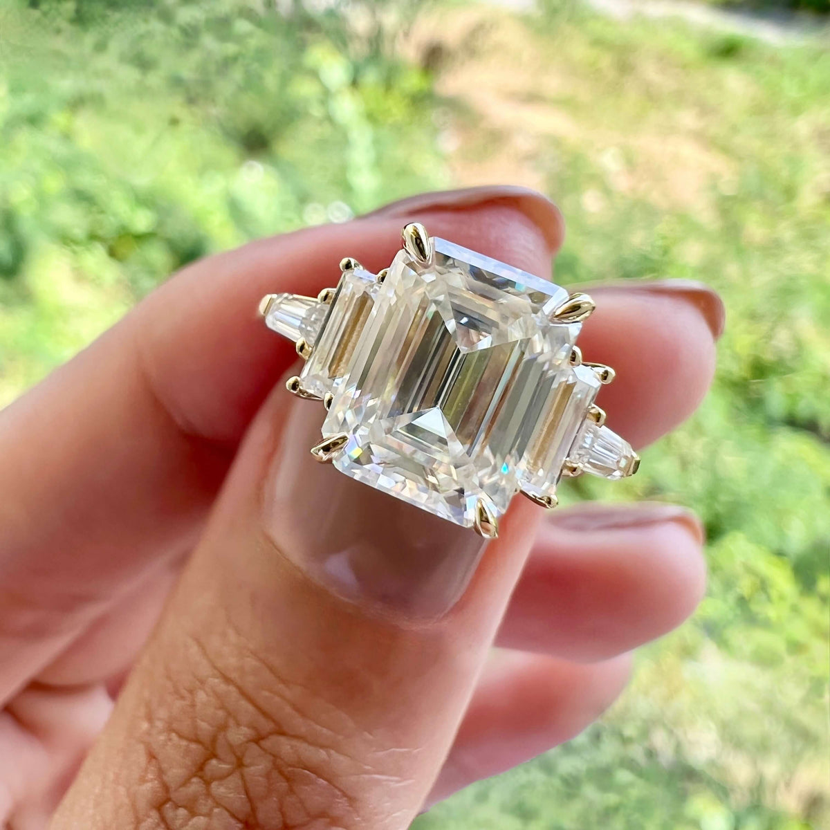 5.75 CT Emerald Three Stone Moissanite Engagement Ring