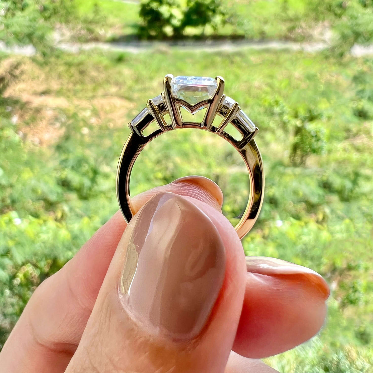 5.75 CT Emerald Three Stone Moissanite Engagement Ring