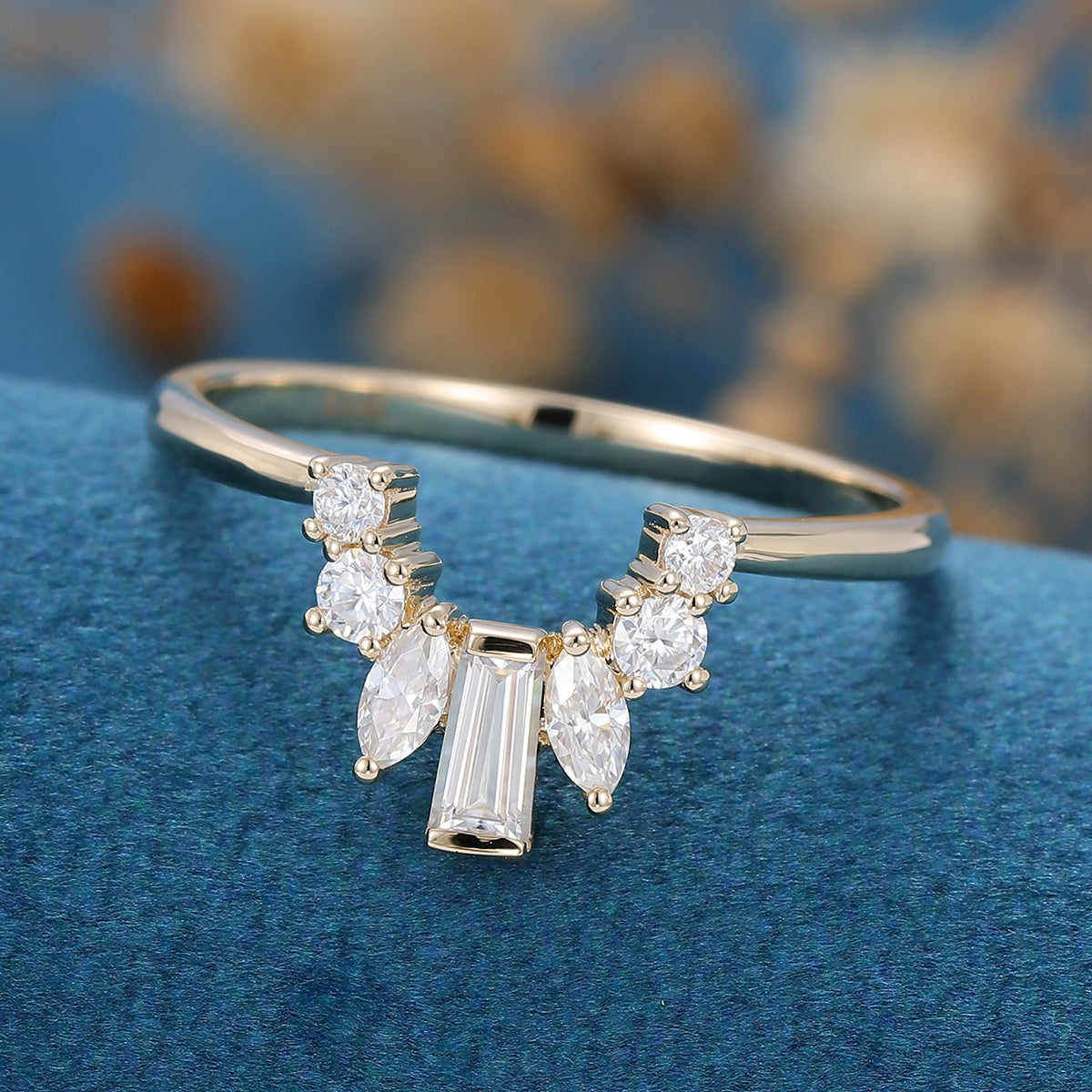 2.0 CT Round, Marquise & Baguette Shaped Moissanite Curved Wedding Band