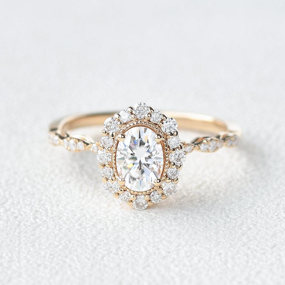 0.94 CT Oval Cut Halo & Pave Moissanite Engagement Ring